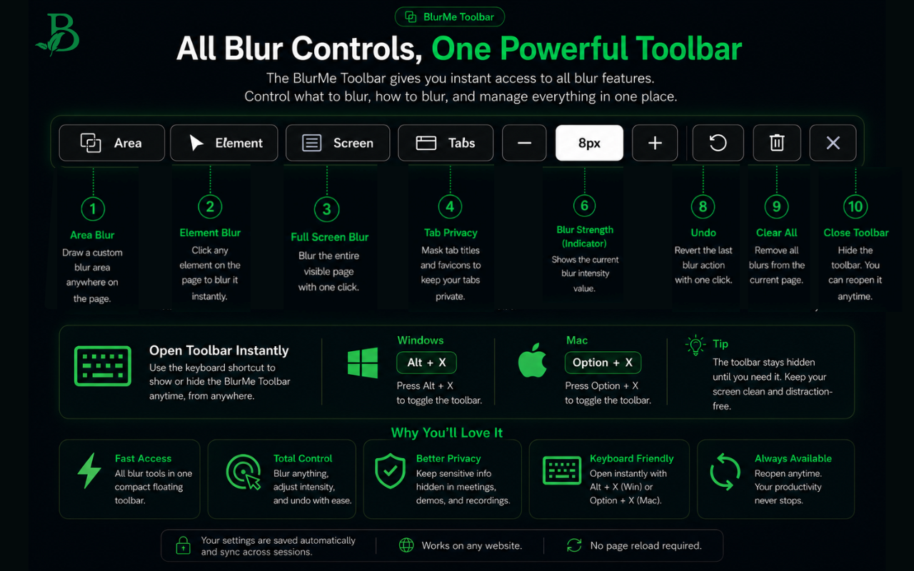 BlurMe toolbar screenshot explaining area blur, element blur, full screen blur, tab privacy, intensity, undo, clear, and close controls